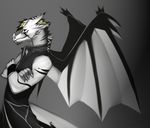  5_fingers angiewolf anthro clothed clothing dragon gradient_background male membranous_wings simple_background smile wings yellow_eyes 