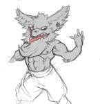  abs anthro blind_eye chin_tuft clothed clothing ear_piercing front_view fur kled_(lol) league_of_legends male mammal muscular muscular_male navel nipples open_mouth pecs piercing pose scar sharp_teeth simple_background solo standing teeth tongue tongue_out topless video_games white_background white_fur wkd yordle 