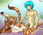  anthro areola blue_eyes blue_hair blush breasts brown_hair chest_tuft claws clitoris digitigrade ears_back erect_nipples feline female flora_(twokinds) flower fur hair human human_on_anthro interspecies keidran kneeling lying madoc male male/female mammal nipples nude on_side one_leg_up orange_fur pawpads penetration plant pussy pussy_juice sex smile spread_legs spreading striped_fur stripes sweat tiger tongue tongue_out trace_legacy tuft twokinds vaginal vaginal_penetration yellow_eyes 