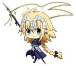  armor armored_dress bangs banner blonde_hair blue_eyes braid breasts dress fate/apocrypha fate/grand_order fate_(series) floating_hair gloves headpiece holding holding_weapon jeanne_d'arc_(fate) jeanne_d'arc_(fate)_(all) long_hair looking_at_viewer medium_breasts rubii smile solo standing very_long_hair weapon 