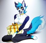  4_toes angiewolf anthro blue_fur breasts canine featureless_breasts female fur kneeling mammal open_mouth simple_background smile solo teeth toes tongue white_fur yellow_eyes 