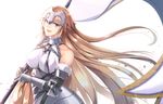  armor armored_dress bangs banner blonde_hair blue_eyes breasts dress fate/apocrypha fate/grand_order fate_(series) floating_hair hair_blowing headpiece holding holding_weapon jeanne_d'arc_(fate) jeanne_d'arc_(fate)_(all) kina_izu large_breasts long_hair looking_at_viewer md5_mismatch smile solo standing very_long_hair weapon wind 