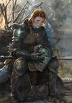  braid broadsword chainmail closed_mouth for_honor full_body green_eyes headwear_removed helmet helmet_removed highres holding holding_helmet kim_junghun knight lips looking_afar orange_hair outdoors plate_armor realistic sanpaku sitting smoke solo tent warden_(for_honor) 