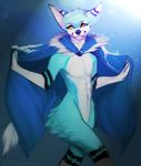  angiewolf anthro blue_fur cape clothing fur male mammal navel orange_eyes simple_background smile solo standing wide_hips 