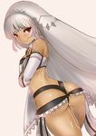  altera_(fate) armor ass bangs bare_shoulders blush breasts choker dark_skin detached_sleeves fate/extella fate/extra fate/grand_order fate_(series) looking_at_viewer midriff navel red_eyes senbon_tsuki short_hair silver_hair smile solo tattoo veil white_background white_hair 
