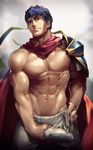  1boy 8_(yamalu) abs bara blue_hair bulge crotch erection fire_emblem groping headband ike looking_at_viewer male_focus muscle nipples pecs presenting solo undressing 