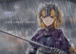  absurdres armor armored_dress bangs blonde_hair blue_eyes braid breasts commentary dress fate/apocrypha fate/grand_order fate_(series) gloves headpiece highres holding holding_weapon jeanne_d'arc_(fate) jeanne_d'arc_(fate)_(all) large_breasts long_hair looking_at_viewer nantiao_diudiu rain sad serious solo standing sword very_long_hair weapon 
