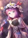  bangs blue_bow bow capelet closed_mouth crescent crescent_hair_ornament dress expressionless hair_bow hair_ornament half-closed_eyes hat highres long_hair looking_at_viewer minust mob_cap patchouli_knowledge red_bow solo striped striped_dress touhou very_long_hair 