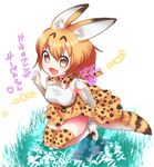  animal_ears blonde_hair dated kemono_friends looking_at_viewer ooha_maiko serval_(kemono_friends) serval_ears serval_print serval_tail simple_background smile solo tail 
