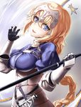  armor armored_dress bangs banner blonde_hair blue_eyes braid breasts dress fate/apocrypha fate/grand_order fate_(series) floating_hair gloves headpiece highres holding holding_weapon jeanne_d'arc_(fate) jeanne_d'arc_(fate)_(all) long_hair looking_at_viewer smile solo standing very_long_hair weapon yoku_yoo 