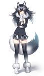  animal_ears black_jacket black_legwear breasts full_body fur_collar gloves grey_wolf_(kemono_friends) hattori_masaki heterochromia highres jacket kemono_friends large_breasts long_hair looking_at_viewer miniskirt multicolored_hair necktie open_clothes open_jacket pleated_skirt shiny shiny_skin simple_background skindentation skirt solo standing tail thighhighs two-tone_hair white_background white_gloves wolf_ears wolf_tail zettai_ryouiki 