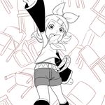  arm_up ascot belt chair detached_sleeves greyscale hair_ornament hair_ribbon hairclip kagamine_rin kneehighs lost_one_no_goukoku_(vocaloid) mary_cagle monochrome navel ribbon shorts solo vocaloid 