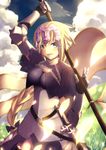  armor armored_dress bangs banner blonde_hair blue_eyes braid breasts bright_(long-ago) dress fate/apocrypha fate/grand_order fate_(series) floating_hair gloves hair_blowing headpiece highres holding holding_weapon jeanne_d'arc_(fate) jeanne_d'arc_(fate)_(all) long_hair looking_at_viewer medium_breasts solo standing very_long_hair weapon 