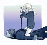  1girl archer arms_at_sides artoria_pendragon_(all) bangs between_legs blonde_hair blood blood_from_mouth bloody_weapon boots closed_mouth dark_excalibur dark_skin dark_skinned_male death defeat emiya_alter expressionless fate/grand_order fate/stay_night fate_(series) from_side gradient gradient_background gupaon highres holding holding_sword holding_weapon impaled injury knee_boots long_hair long_sleeves looking_at_another lying on_back outside_border pants parody ponytail profile saber_alter short_hair shorts sidelocks smile sword weapon white_hair yellow_eyes 