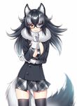  animal_ears black_jacket black_legwear breasts fur_collar glasses gloves grey_wolf_(kemono_friends) hattori_masaki heterochromia jacket kemono_friends large_breasts long_hair looking_at_viewer miniskirt multicolored_hair necktie open_clothes open_jacket pleated_skirt shiny shiny_skin simple_background skindentation skirt solo standing tail thighhighs two-tone_hair white_background white_gloves wolf_ears wolf_tail zettai_ryouiki 
