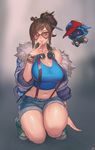 bare_shoulders breasts brown_hair finger_to_mouth fur-trimmed_jacket fur_trim glasses highres huge_breasts instant_ip jacket looking_at_viewer mei_(overwatch) navel overwatch parted_lips short_hair shorts smile snowball_(overwatch) squatting suspender_shorts suspenders watch wristwatch 