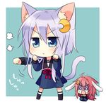  :&lt; :o ahoge animal_ears blue_background blue_eyes bunny_ears cat_ears cat_tail chibi closed_mouth commentary_request crescent crescent_hair_ornament hair_ornament kantai_collection long_sleeves multiple_girls nagasioo neck_ribbon o_o purple_hair ribbon sailor_collar shaded_face short_hair_with_long_locks tail uzuki_(kantai_collection) v-shaped_eyebrows yayoi_(kantai_collection) 