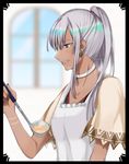  akio_(akio1124) altera_(fate) bangs black_nails choker commentary cooking dark_skin earrings fate/extella fate/extra fate/grand_order fate_(series) jewelry long_hair nail_polish red_eyes silver_hair smile white_hair 