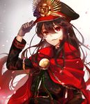  belt black_hair cape commentary_request family_crest fate_(series) fujikiri_yana gloves grey_gloves hair_between_eyes hand_on_headwear hat highres koha-ace long_hair looking_at_viewer military military_hat military_uniform oda_nobunaga_(fate) oda_uri open_mouth petals red_cape red_eyes smile solo uniform 