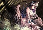  albedo bare_shoulders black_hair black_wings breasts commentary_request demon_girl demon_horns feathers gloves hair_between_eyes highres horns large_breasts long_hair looking_at_viewer overlord_(maruyama) saraki solo white_gloves wings yellow_eyes 