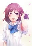  :d armpit_peek collared_shirt hair_between_eyes hair_tucking inue_shinsuke lips love_live! love_live!_school_idol_project nishikino_maki open_mouth otonokizaka_school_uniform petals red_eyes red_hair school_uniform shirt short_sleeves smile solo up_sleeve 