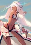  absurdres altera_(fate) armor bad_id bad_pixiv_id bangs bare_shoulders black_nails breasts choker closed_eyes dark_skin detached_sleeves fate/extella fate/extra fate/grand_order fate_(series) highres holding holding_weapon looking_to_the_side midriff nail_polish navel photon_ray rainbow red_eyes reido_(reido_c) short_hair silver_hair smile solo sword tattoo veil weapon 