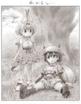  backpack bag bare_shoulders boots commentary_request gloves hat hat_feather helmet kaban_(kemono_friends) kemono_friends mirai_(kemono_friends) monochrome multiple_girls nyororiso_(muyaa) outdoors pith_helmet savannah serval_(kemono_friends) serval_ears serval_print serval_tail shirt short_hair short_sleeves tail translated tree under_tree 