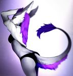  angiewolf butt_pose clothed clothing eyelashes feline female fur grey_fur hair mammal purple_hair sergal simple_background wide_hips yellow_eyes 