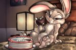  2017 bed bedroom_eyes cake carrot_(artist) disney female food fur grey_fur half-closed_eyes hi_res holding_food holding_object inside judy_hopps lagomorph looking_at_viewer mammal on_bed paws pink_nose purple_eyes pussy rabbit seductive solo zootopia 