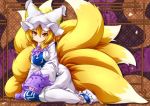  1girl blonde_hair bobby_socks breasts brooch closed_mouth commentary_request dress fox_tail full_body hair_between_eyes hat head_tilt highres jewelry kazami_karasu long_sleeves looking_at_viewer medium_breasts medium_hair multiple_tails ofuda pillow_hat sitting socks solo tabard tail touhou wariza wavy_mouth white_dress white_hat white_legwear wide_sleeves yakumo_ran yellow_eyes 