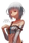  altera_(fate) armor bangs bare_shoulders breasts choker dark_duck dark_skin detached_sleeves fate/extella fate/extra fate/grand_order fate_(series) looking_at_viewer midriff navel red_eyes short_hair silver_hair small_breasts solo tattoo white_background white_hair 