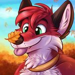  2016 anthro autumn biped black_fur black_nose blue_sky bushes bust_portrait canine cheek_tuft cloud collar cute cute_fangs digital_media_(artwork) eyebrows fox front_view fur green_eyes hair leaf male mammal multicolored_fur outside pink_tongue portrait red_fur red_hair sky smile snout solo tongue tongue_out tuft waywardmutt white_fur zoru 