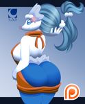  2017 anthro anthrofied big_breasts big_butt blue_background blue_eyes blue_hair blue_skin breasts butt clothed clothing english_text female grey_background hair huge_breasts huge_butt long_hair looking_at_viewer looking_back mammal marine nintendo nipple_bulge partially_clothed patreon pink_nose pinniped pok&eacute;mon pok&eacute;morph primarina side_boob signature simple_background smile solo sweater text video_games virgin_killer_sweater white_skin xehta13 