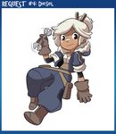  bandaid bandaid_on_nose black_eyes boots borrowed_character brown_footwear brown_gloves dark_skin diesel_(tyson_hesse) full_body gloves hair_bun hood jacket mary_cagle original pouch smile solo white_hair wrench 