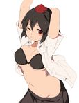  arms_up black_hair blush bra commentary_request grin hasebe_yuusaku hat looking_at_viewer midriff navel one_eye_closed open_clothes open_shirt red_eyes shameimaru_aya shirt short_hair short_sleeves simple_background skirt smile solo stretch tokin_hat touhou underwear upper_body white_background 