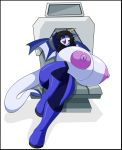  anthro big_breasts bodysuit boots breasts chair clothed clothing curvaceous dragon female footwear horn huge_breasts hyper hyper_breasts nipples open_mouth skinsuit smile solo spazman thick_thighs tight_clothing wings 