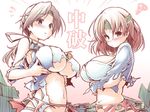  blush breast_lift breasts brown_eyes brown_hair chitose_(kantai_collection) chiyoda_(kantai_collection) headband japanese_clothes kantai_collection kibushi large_breasts long_hair looking_at_viewer multiple_girls navel panties ponytail short_hair skirt torn_clothes translation_request underwear 