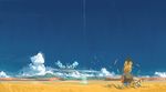  animal_ears blonde_hair cloud day feathers hat kemono_friends leaf light_particles looking_away mountain serval_(kemono_friends) serval_ears serval_tail short_hair sky solo standing tail tommy830219 