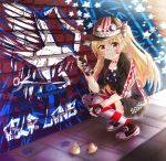  azur_lane bandaid bandaid_on_nose blonde_hair character_request cleveland_(azur_lane) clothing_request collar commentary_request eyewear_on_headwear graffiti hair_ornament hat highres hood hoodie long_hair looking_at_viewer open_clothes open_hoodie paint paint_on_body painting_(object) red_eyes shirt shorts smile squatting star_and_stripes_clothes thighhighs zweihanderdraws 