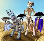  2017 anthro bat bat_wings blue_hair blue_nipples breasts bulge claws clothed clothing dreamkeepers duo ear_piercing empty_eyes feathers female grass hair karo_(dreamkeepers) loincloth lord-kiyo male mammal melee_weapon membranous_wings navel nipples outside piercing polearm red_eyes scalie skull spear teeth topless tree vanth weapon wings yellow_sclera 