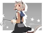  animal_ears capelet character_name commentary_request dowsing_rod grey_background grey_hair hasebe_yuusaku jewelry long_sleeves looking_at_viewer looking_back mouse_ears mouse_tail nazrin necklace open_mouth red_eyes shirt short_hair skirt skirt_set solo star tail touhou vest 