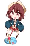  ahoge atelier_(series) atelier_sophie bare_legs blush brown_eyes brown_hair brown_legwear chibi commentary_request cross-laced_clothes hair_ornament hat highres holding long_coat long_sleeves looking_at_viewer numpopo open_mouth puni_(atelier) short_hair skirt smile solo sophie_neuenmuller underbust x_x 