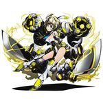  armor armored_boots blade blonde_hair blue_eyes blue_neckwear boots breasts cleavage collarbone divine_gate full_body leotard looking_at_viewer medium_breasts necktie official_art raikou_(divine_gate) shadow short_hair short_necktie solo transparent_background ucmm 