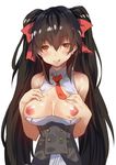  :q absurdres bangs bare_shoulders black_hair blush breasts breasts_outside brown_eyes girls_frontline hair_between_eyes heart heart-shaped_pupils highres long_hair looking_at_viewer medium_breasts necktie nipples qbz-97_(girls_frontline) self_fondle smile solo symbol-shaped_pupils tongue tongue_out twintails upper_body very_long_hair yueqin_(monnpiano) 