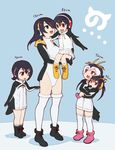  :d black_hair breasts carrying commentary_request emperor_penguin_(kemono_friends) gentoo_penguin_(kemono_friends) hair_over_one_eye headphones highres humboldt_penguin_(kemono_friends) japari_symbol kemono_friends leotard medium_breasts multiple_girls nakashima_(middle_earth) open_mouth penguins_performance_project_(kemono_friends) poking princess_carry rockhopper_penguin_(kemono_friends) royal_penguin_(kemono_friends) simple_background size_comparison smile thighhighs white_leotard younger 
