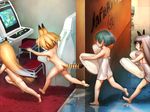  aasu_kirishita angry animal_ears arcade arcade_cabinet ass back bare_shoulders barefoot blonde_hair bob_cut breasts brown_hair carpet chasing check_commentary commentary_request ezo_red_fox_(kemono_friends) fox_ears fox_tail from_side green_hair hol_horse holding holding_towel indoors japari_symbol jojo_no_kimyou_na_bouken kaban_(kemono_friends) kemono_friends long_hair looking_at_another lucky_beast_(kemono_friends) medium_breasts multiple_girls naked_towel nude open_mouth outstretched_arms partial_commentary peeking_out profile public_nudity puddle red_carpet running serval_(kemono_friends) serval_ears serval_tail short_hair silver_fox_(kemono_friends) soles stool streaking tail towel wet white_towel 