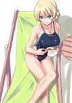  bangs black_tea blonde_hair blue_eyes blue_swimsuit braid breasts cleavage closed_mouth collarbone competition_swimsuit crossed_legs cup darjeeling double_bun girls_und_panzer green_eyes hammock highleg highleg_swimsuit highres holding large_breasts light_smile nenchi one-piece_swimsuit saucer short_hair sitting solo swimsuit tea teacup tied_hair twin_braids 