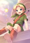  belt blonde_hair blue_eyes boots cocolo_(co_co_lo) commentary_request fairy hat highres link looking_at_viewer male_focus pointy_ears smile sword tatl the_legend_of_zelda the_legend_of_zelda:_majora's_mask weapon young_link 
