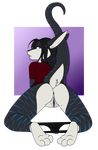  2017 alpha_channel anthro anus avaetre black_fur black_hair blue_fur bottomless brown_eyes butt clothed clothing dragon feline female fur furred_dragon hair hi_res hybrid looking_at_viewer looking_back mammal os panties panties_down purple_background pussy raised_tail rear_view shirt simple_background solo stripes teeth tiger underwear white_fur 