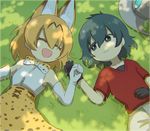  :d ^_^ animal_ears bare_shoulders black_hair blonde_hair bow bowtie closed_eyes commentary elbow_gloves gloves grass hat helmet hinaji holding_hands kaban_(kemono_friends) kemono_friends lying multiple_girls on_back open_mouth pith_helmet serval_(kemono_friends) serval_ears serval_print serval_tail short_hair smile tail tree_shade 